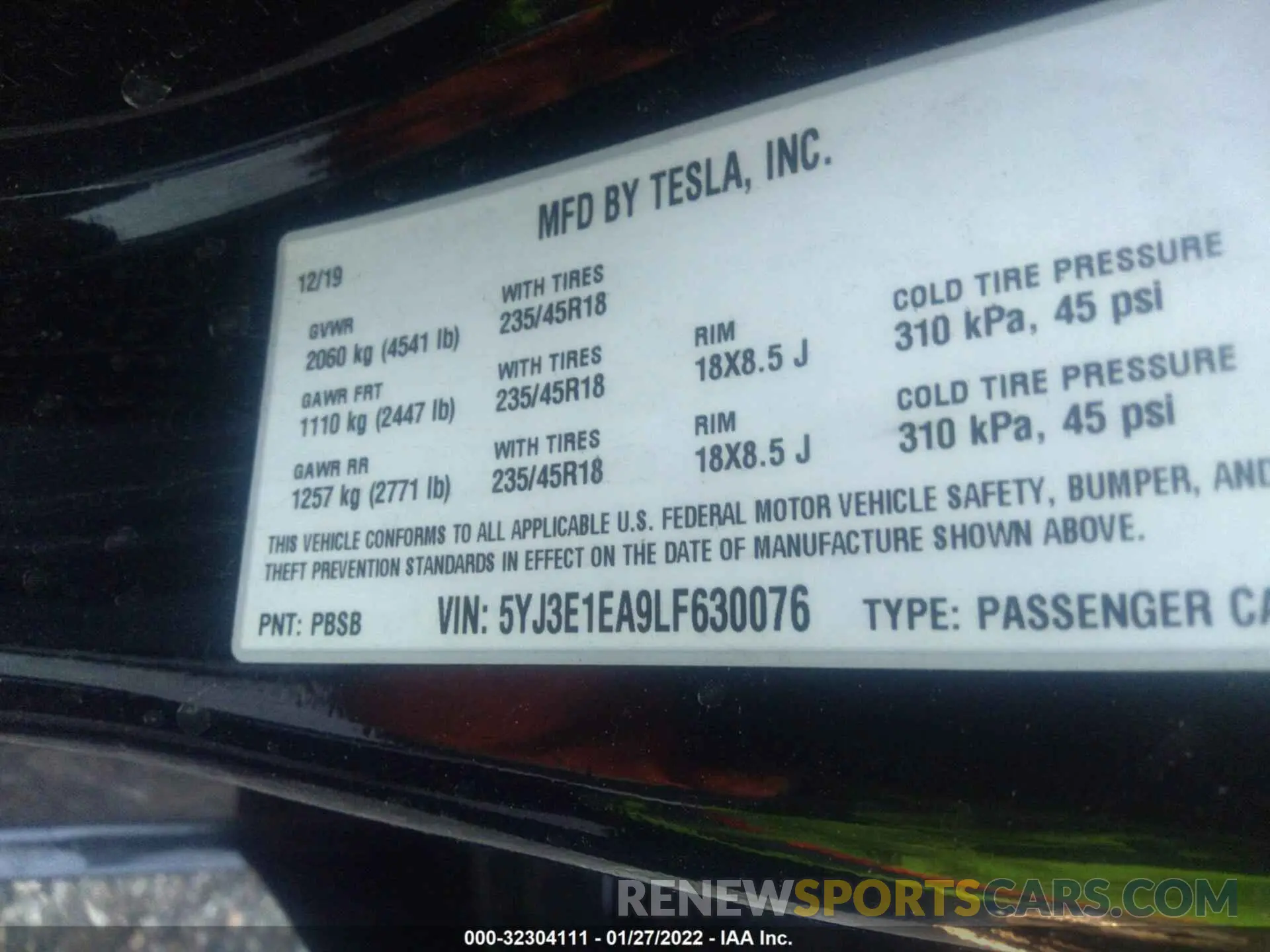 9 fotografías del automóvil dañado 5YJ3E1EA9LF630076 TESLA MODEL 3 2020