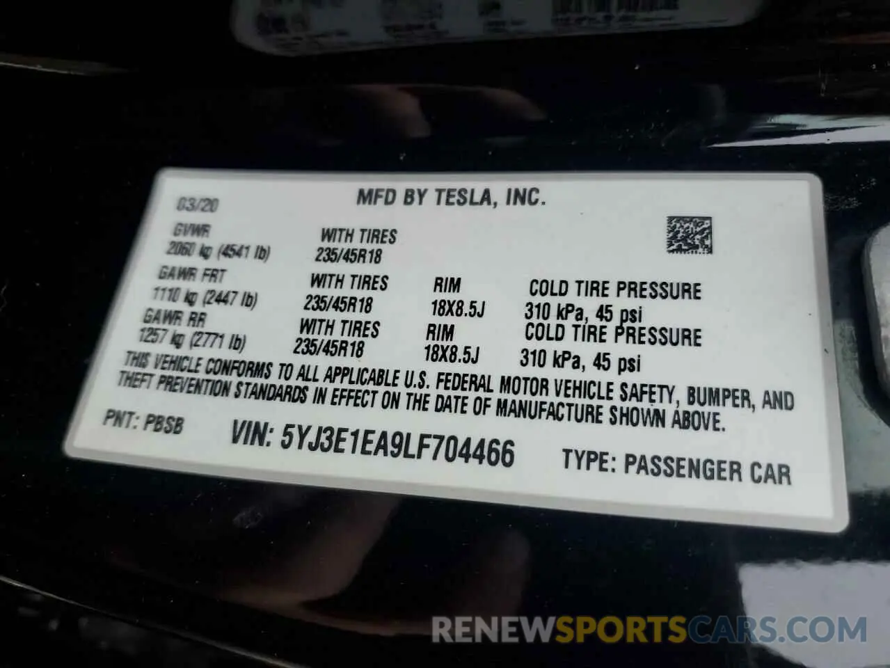 12 fotografías del automóvil dañado 5YJ3E1EA9LF704466 TESLA MODEL 3 2020