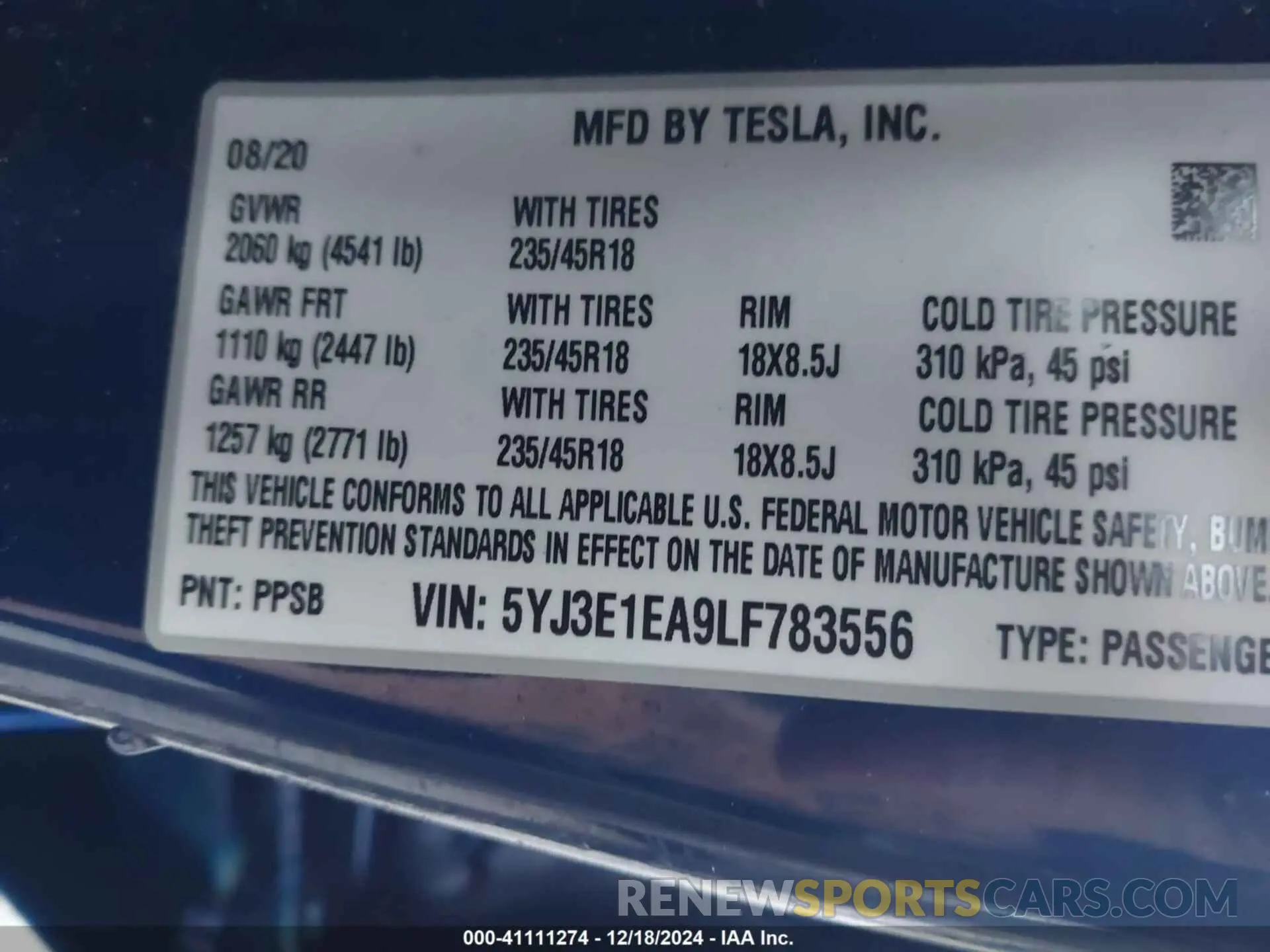 9 fotografías del automóvil dañado 5YJ3E1EA9LF783556 TESLA MODEL 3 2020