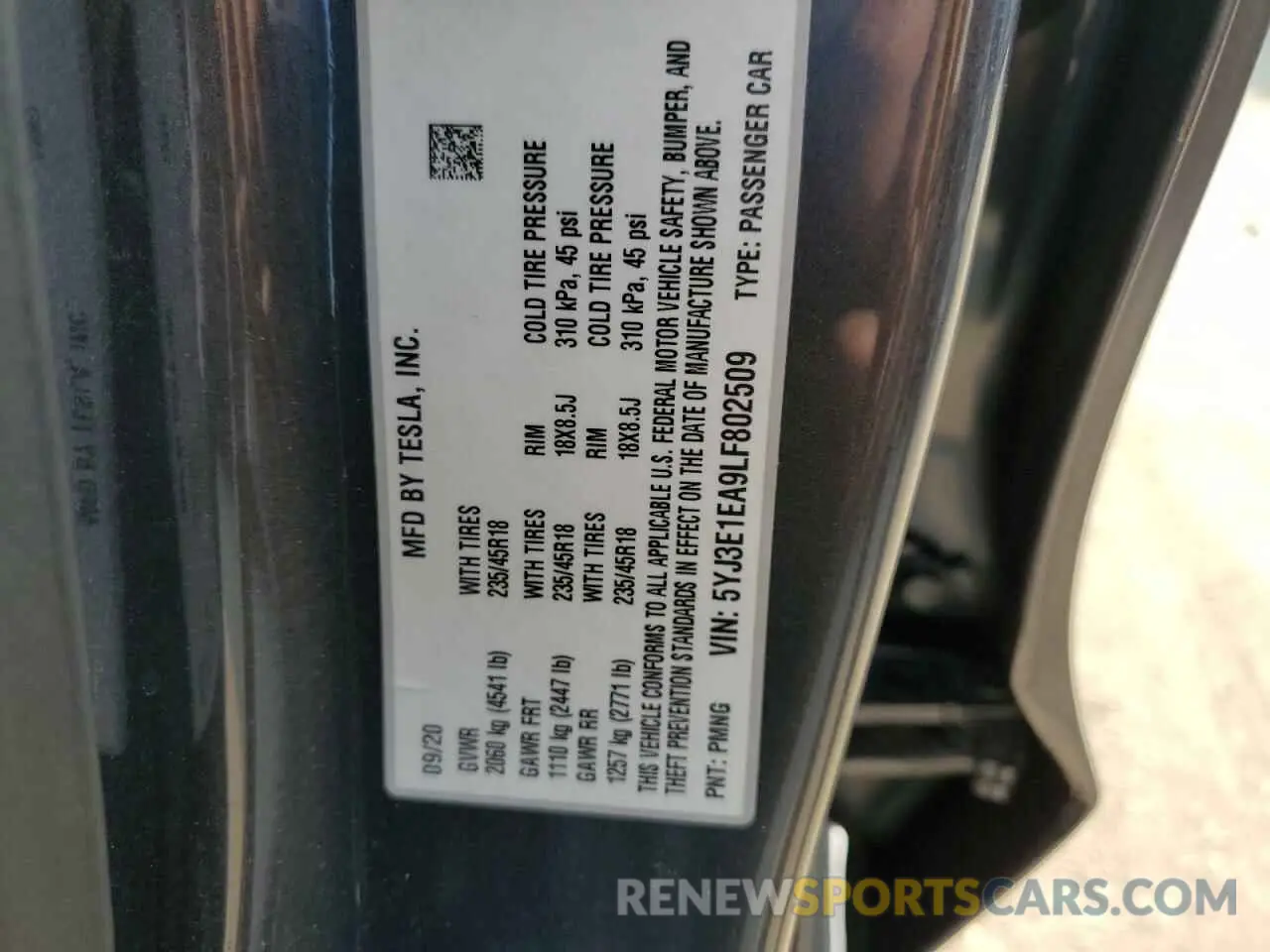 12 fotografías del automóvil dañado 5YJ3E1EA9LF802509 TESLA MODEL 3 2020