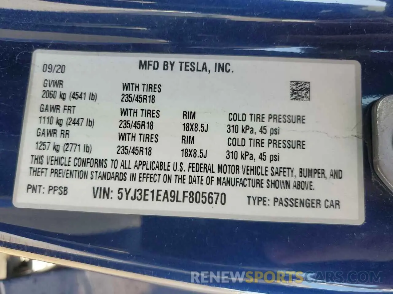 14 fotografías del automóvil dañado 5YJ3E1EA9LF805670 TESLA MODEL 3 2020