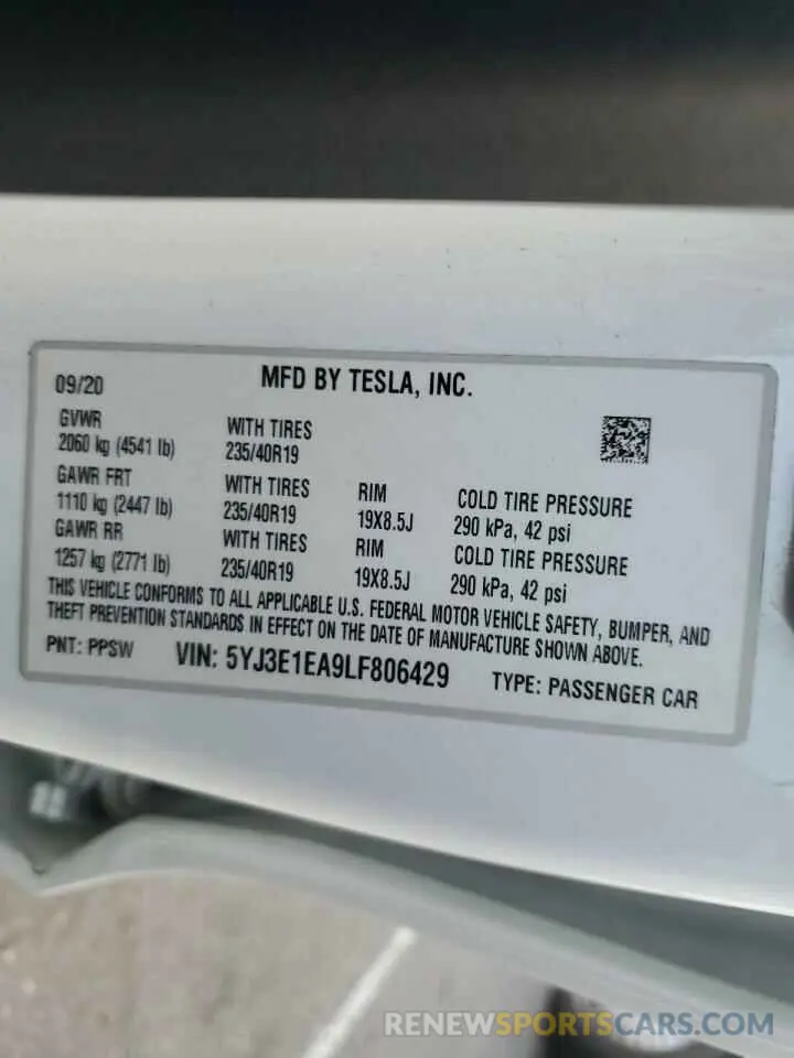 12 fotografías del automóvil dañado 5YJ3E1EA9LF806429 TESLA MODEL 3 2020