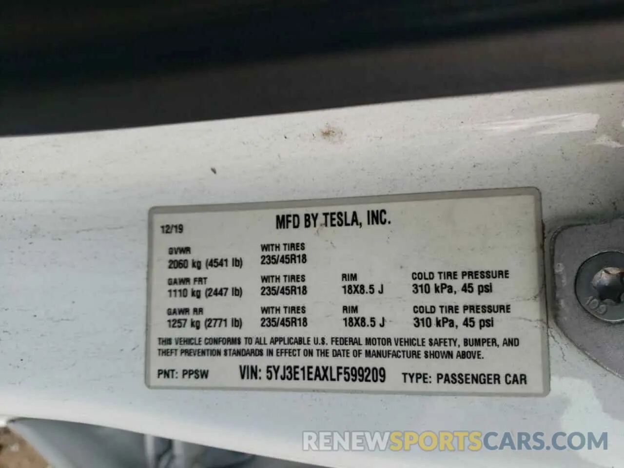 10 fotografías del automóvil dañado 5YJ3E1EAXLF599209 TESLA MODEL 3 2020