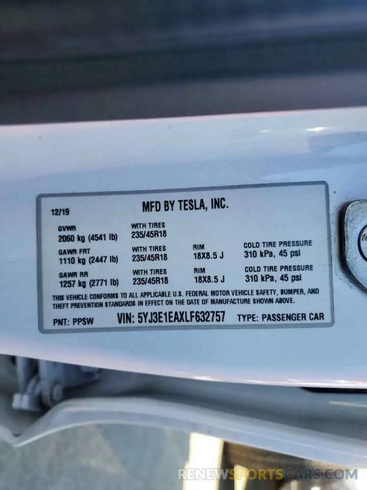 13 fotografías del automóvil dañado 5YJ3E1EAXLF632757 TESLA MODEL 3 2020