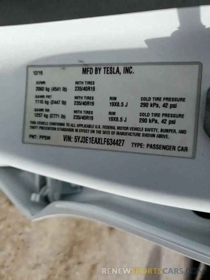 14 fotografías del automóvil dañado 5YJ3E1EAXLF634427 TESLA MODEL 3 2020