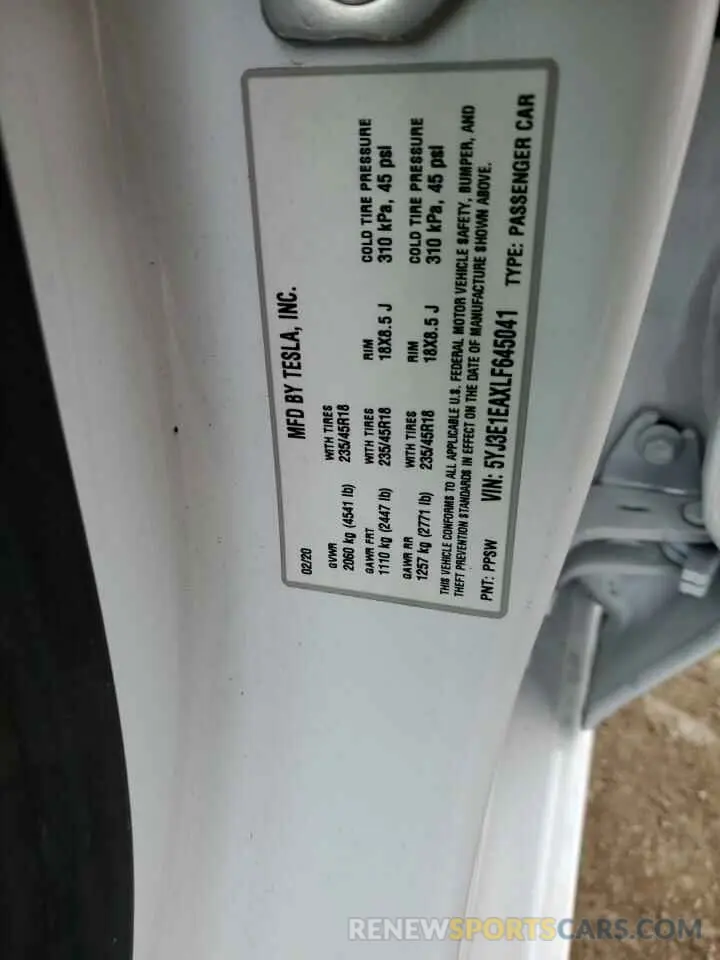 13 fotografías del automóvil dañado 5YJ3E1EAXLF645041 TESLA MODEL 3 2020