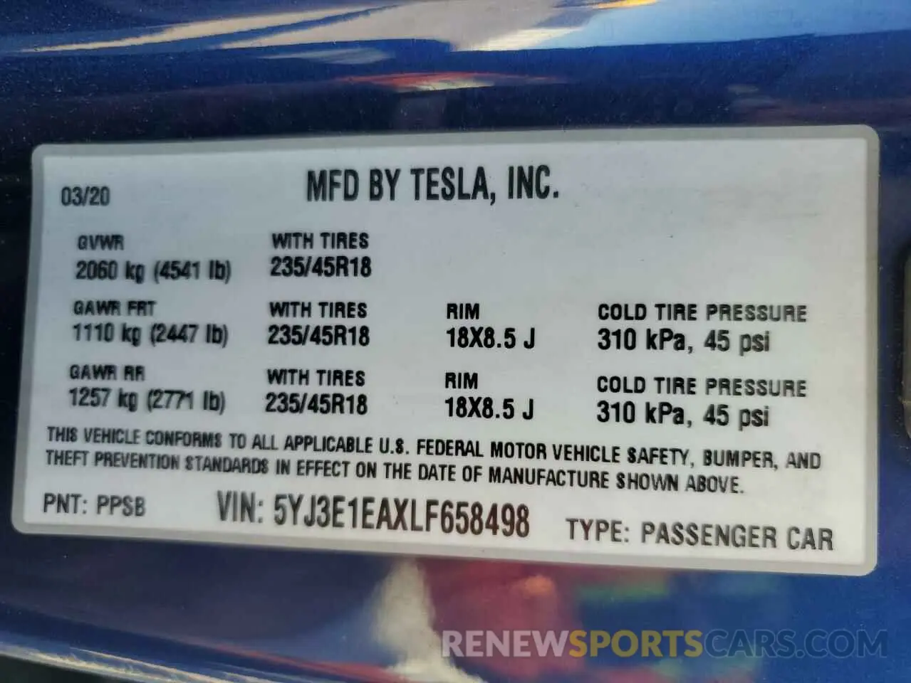 12 fotografías del automóvil dañado 5YJ3E1EAXLF658498 TESLA MODEL 3 2020