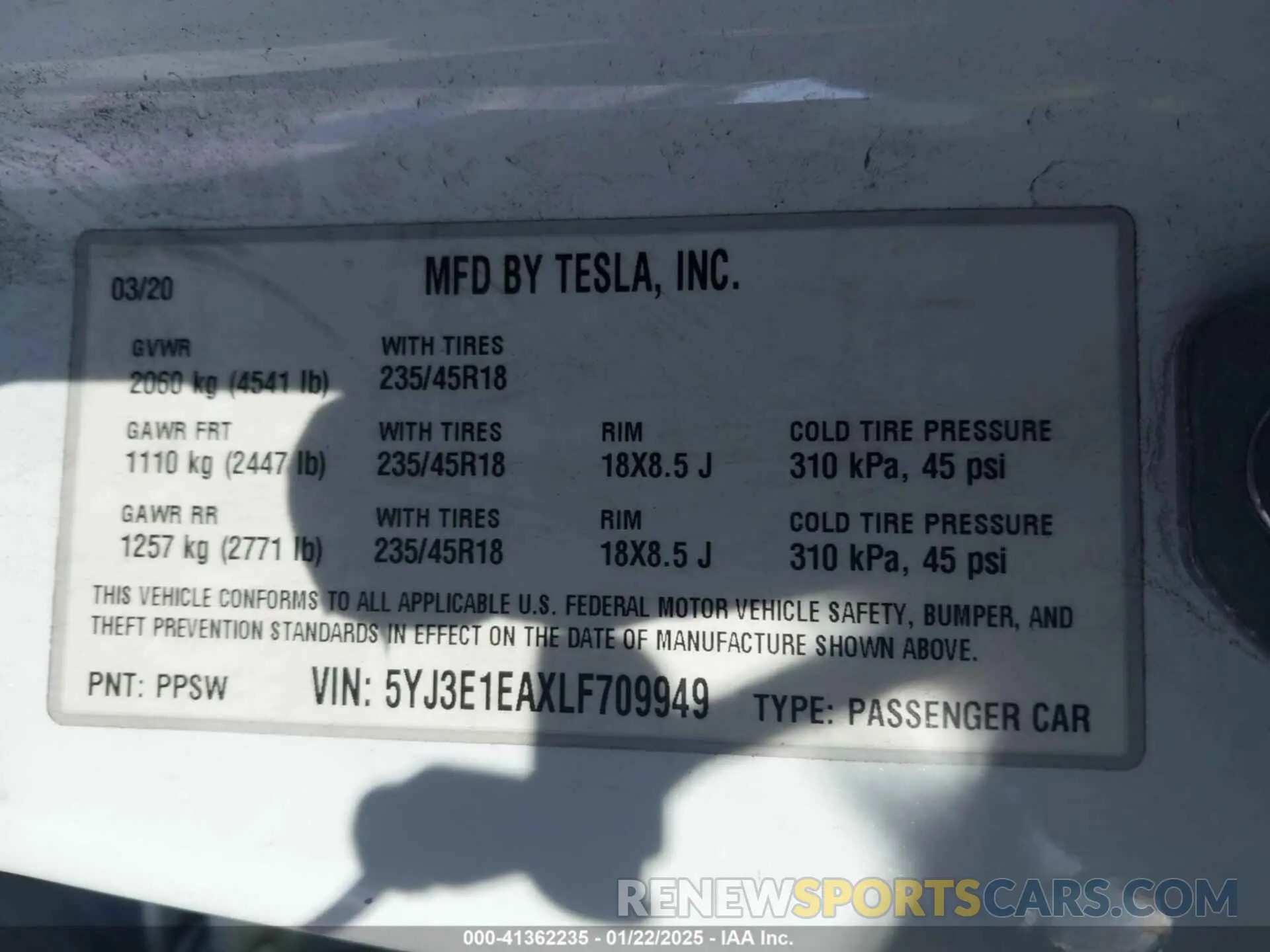 9 fotografías del automóvil dañado 5YJ3E1EAXLF709949 TESLA MODEL 3 2020
