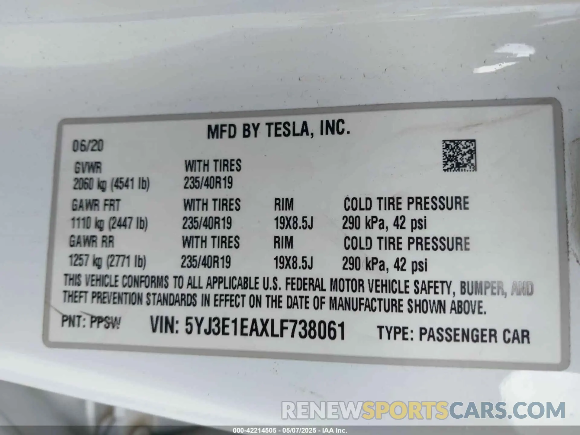 9 fotografías del automóvil dañado 5YJ3E1EAXLF738061 TESLA MODEL 3 2020