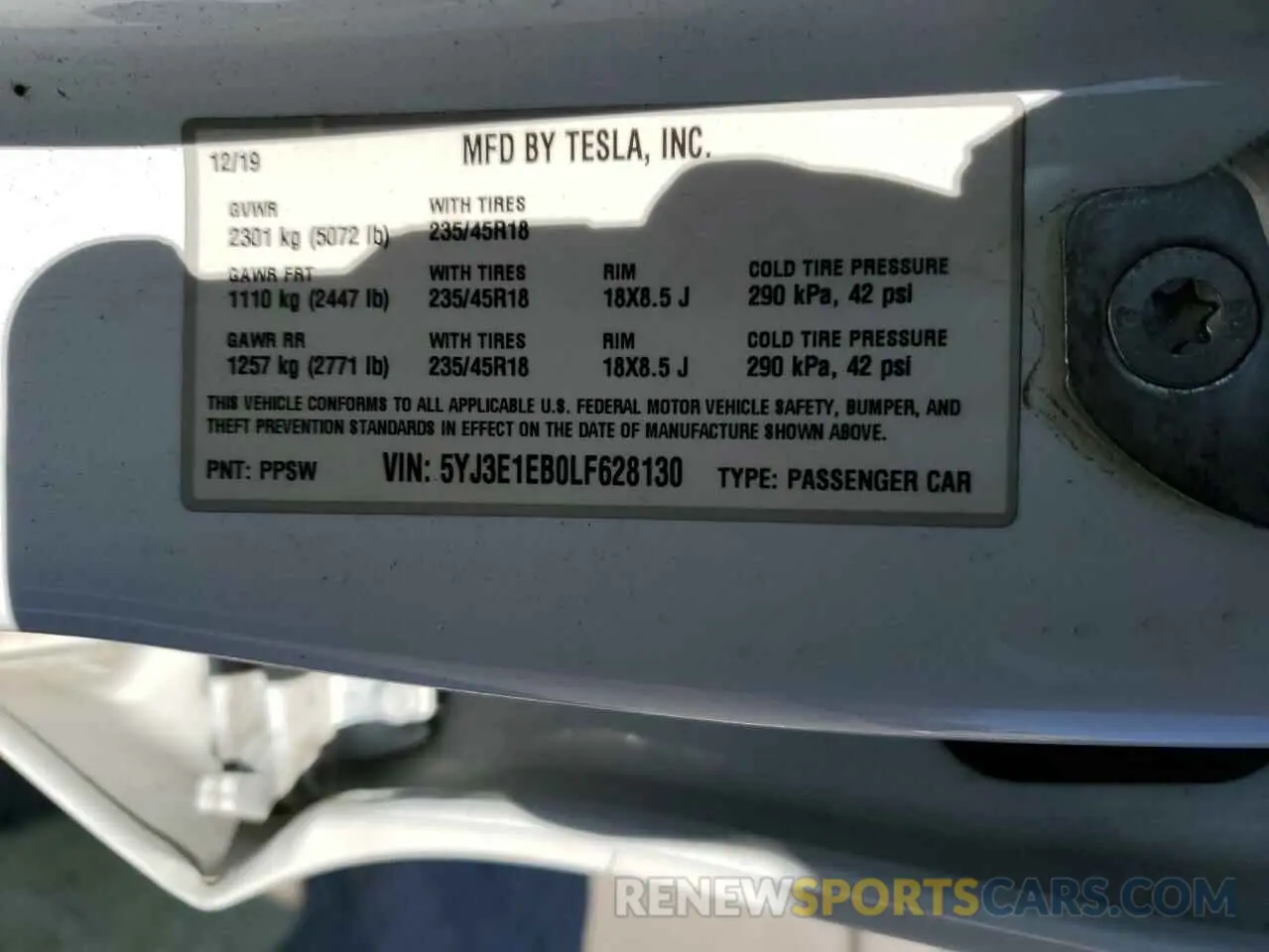 14 fotografías del automóvil dañado 5YJ3E1EB0LF628130 TESLA MODEL 3 2020
