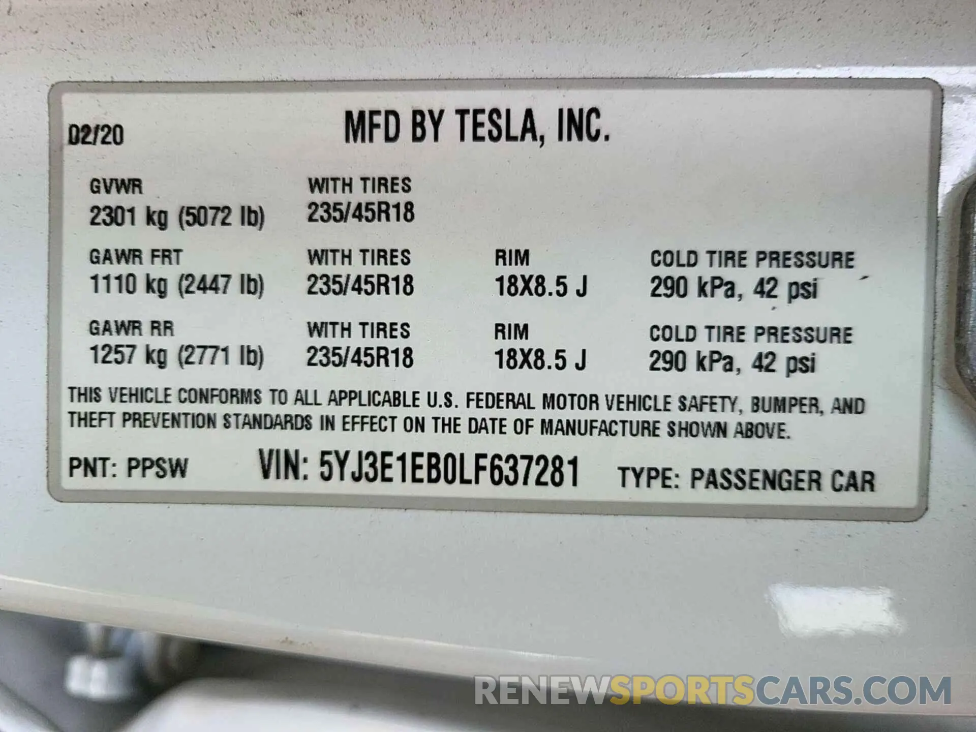 13 fotografías del automóvil dañado 5YJ3E1EB0LF637281 TESLA MODEL 3 2020