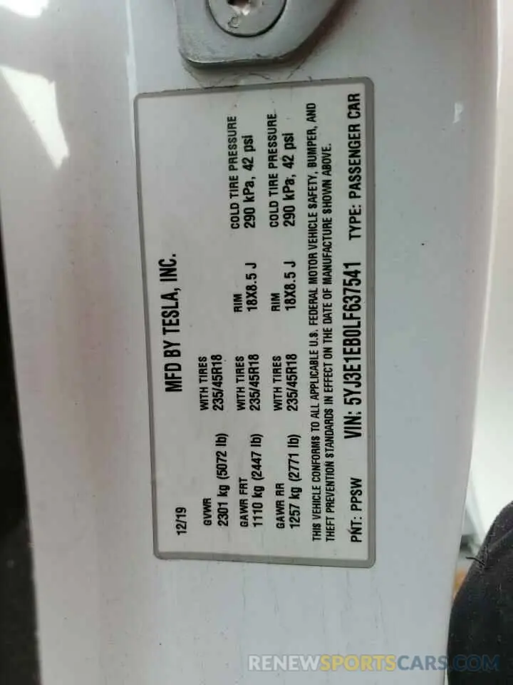 12 fotografías del automóvil dañado 5YJ3E1EB0LF637541 TESLA MODEL 3 2020