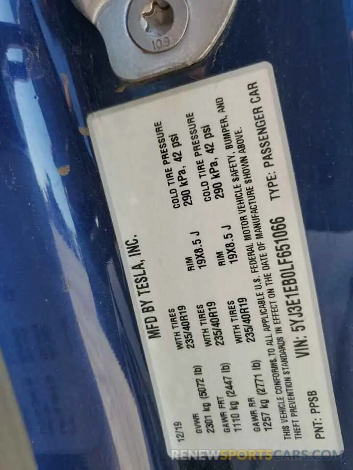 12 fotografías del automóvil dañado 5YJ3E1EB0LF651066 TESLA MODEL 3 2020