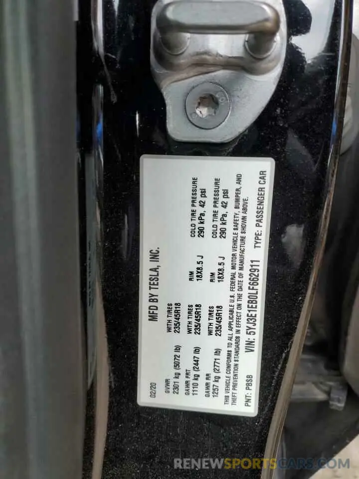 12 fotografías del automóvil dañado 5YJ3E1EB0LF662911 TESLA MODEL 3 2020