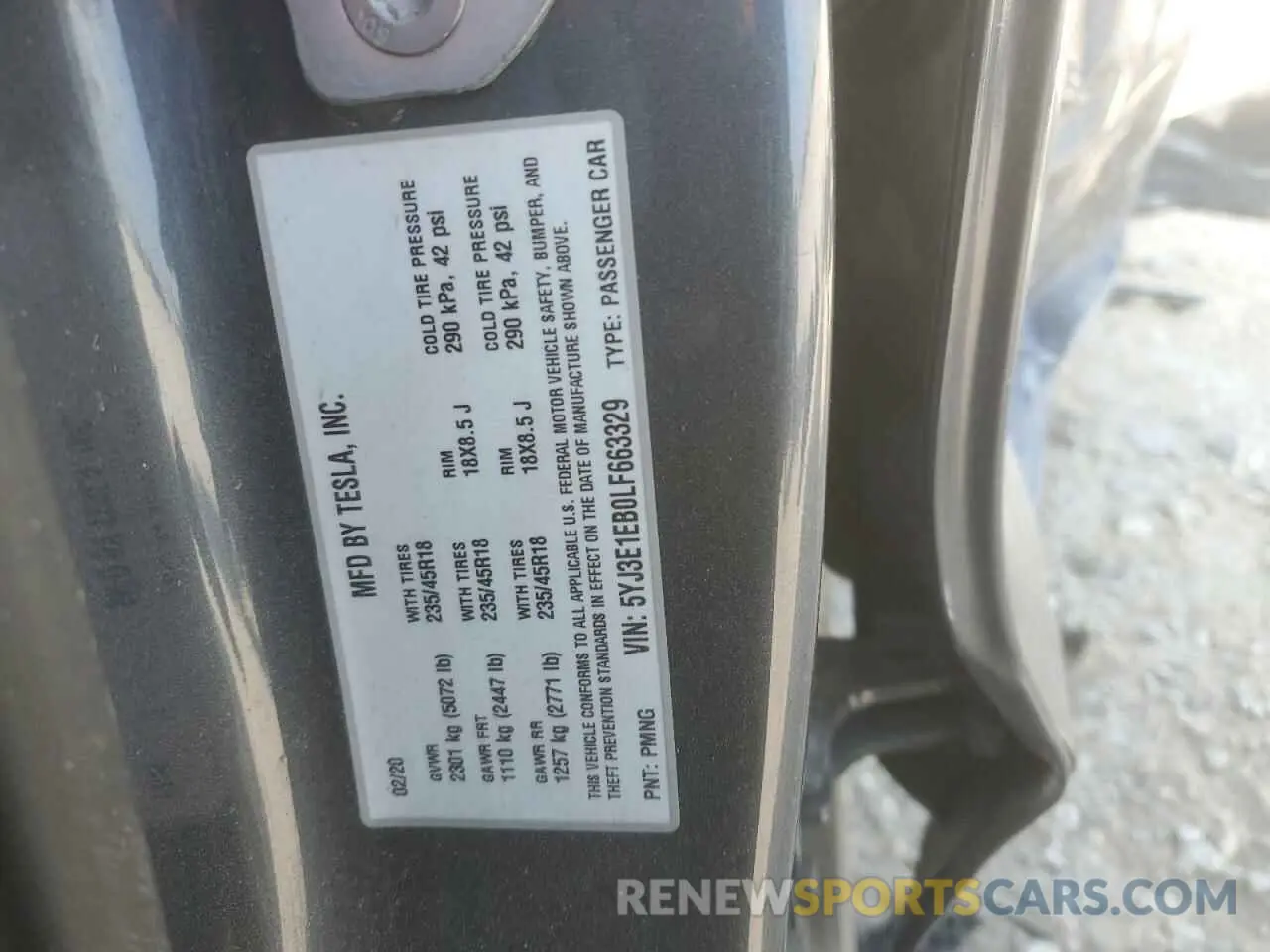 15 fotografías del automóvil dañado 5YJ3E1EB0LF663329 TESLA MODEL 3 2020