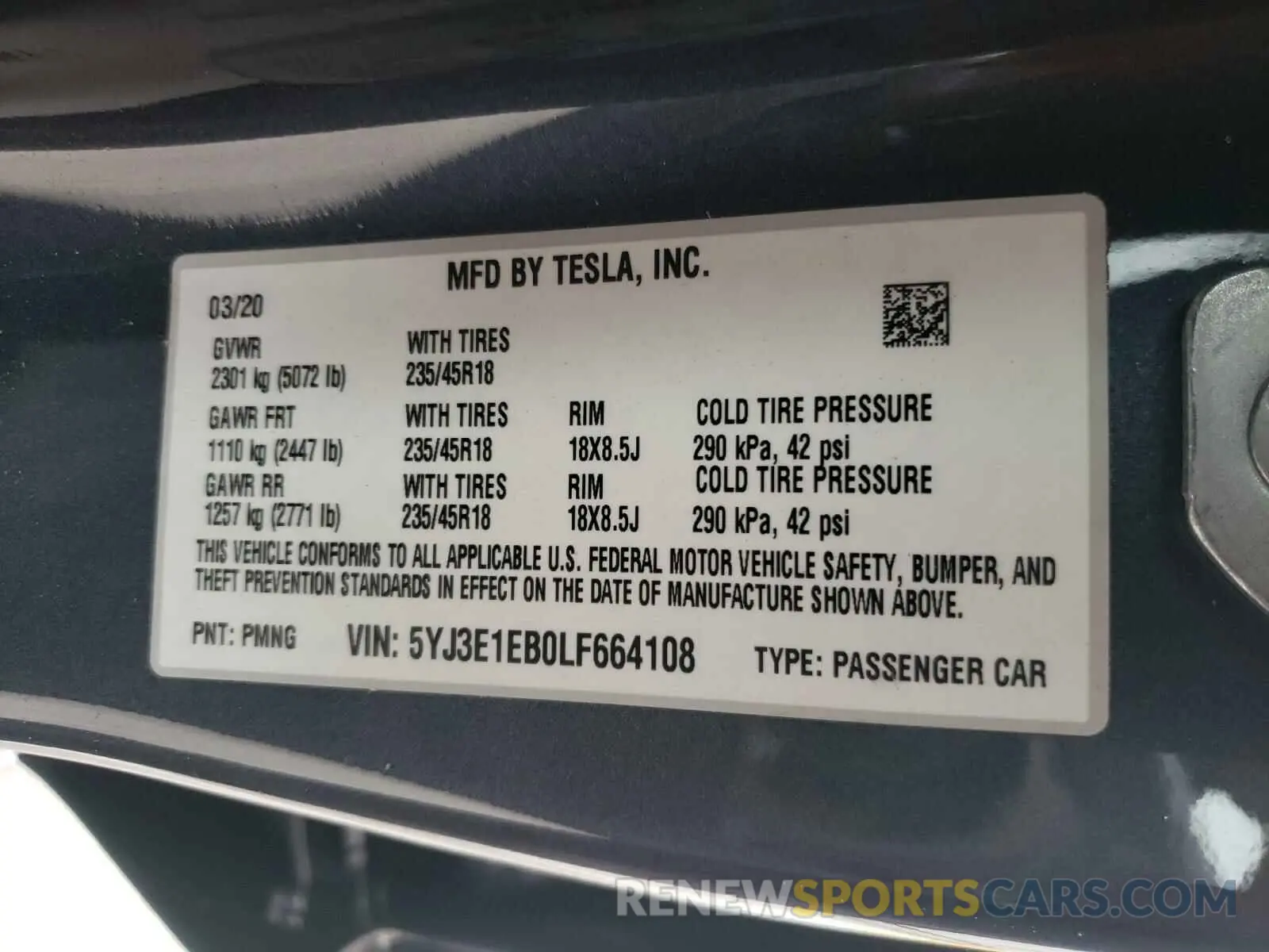 10 fotografías del automóvil dañado 5YJ3E1EB0LF664108 TESLA MODEL 3 2020