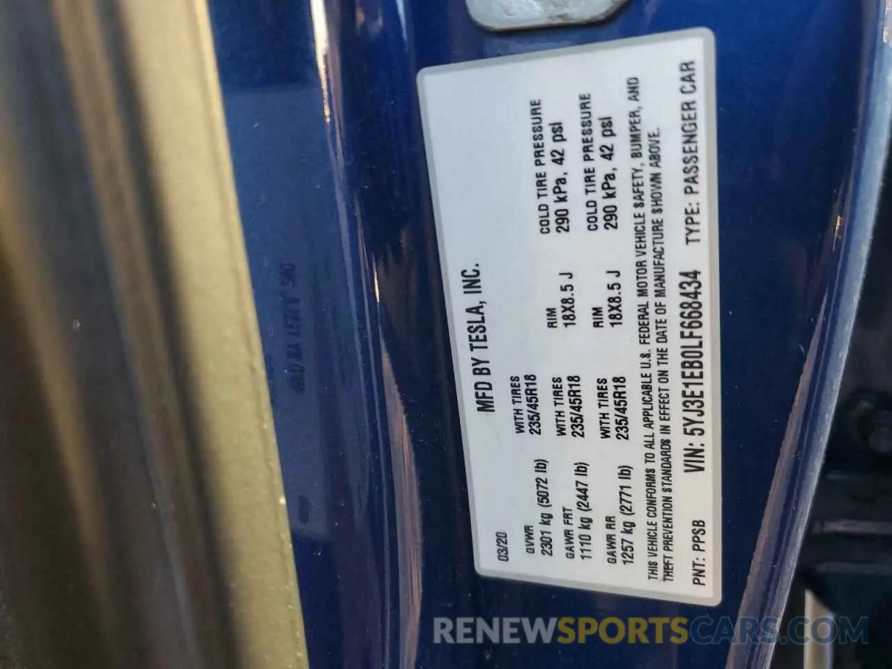 12 fotografías del automóvil dañado 5YJ3E1EB0LF668434 TESLA MODEL 3 2020