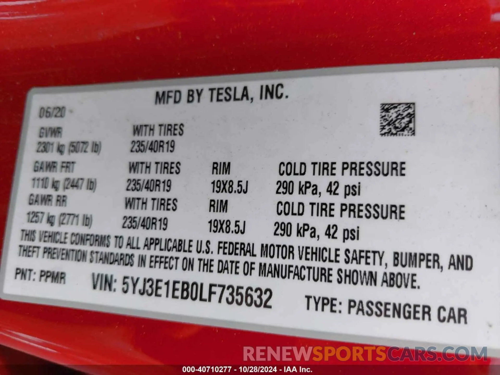 9 fotografías del automóvil dañado 5YJ3E1EB0LF735632 TESLA MODEL 3 2020