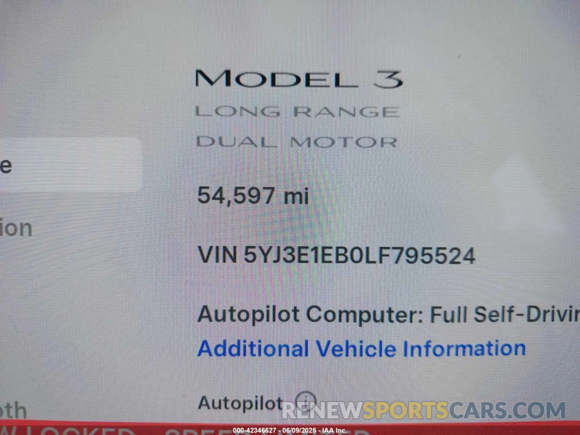 15 fotografías del automóvil dañado 5YJ3E1EB0LF795524 TESLA MODEL 3 2020