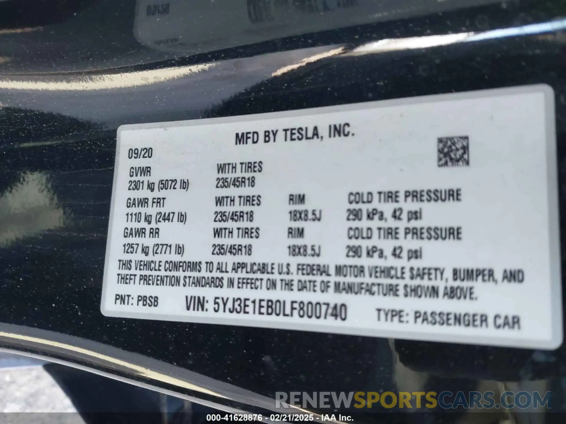 9 fotografías del automóvil dañado 5YJ3E1EB0LF800740 TESLA MODEL 3 2020
