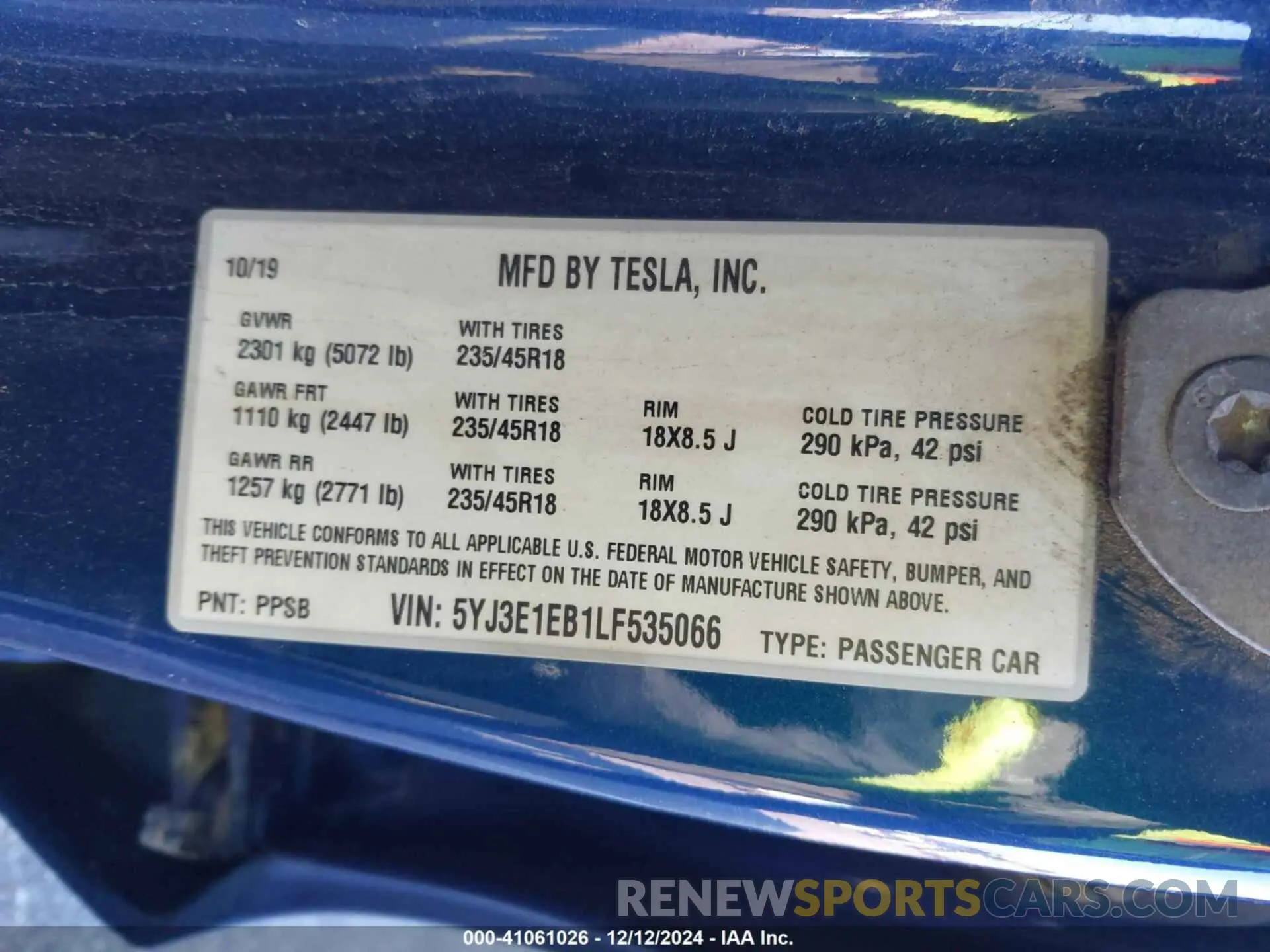 9 fotografías del automóvil dañado 5YJ3E1EB1LF535066 TESLA MODEL 3 2020