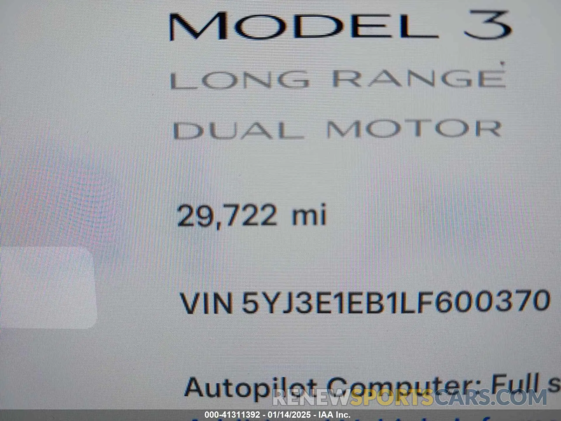 15 fotografías del automóvil dañado 5YJ3E1EB1LF600370 TESLA MODEL 3 2020