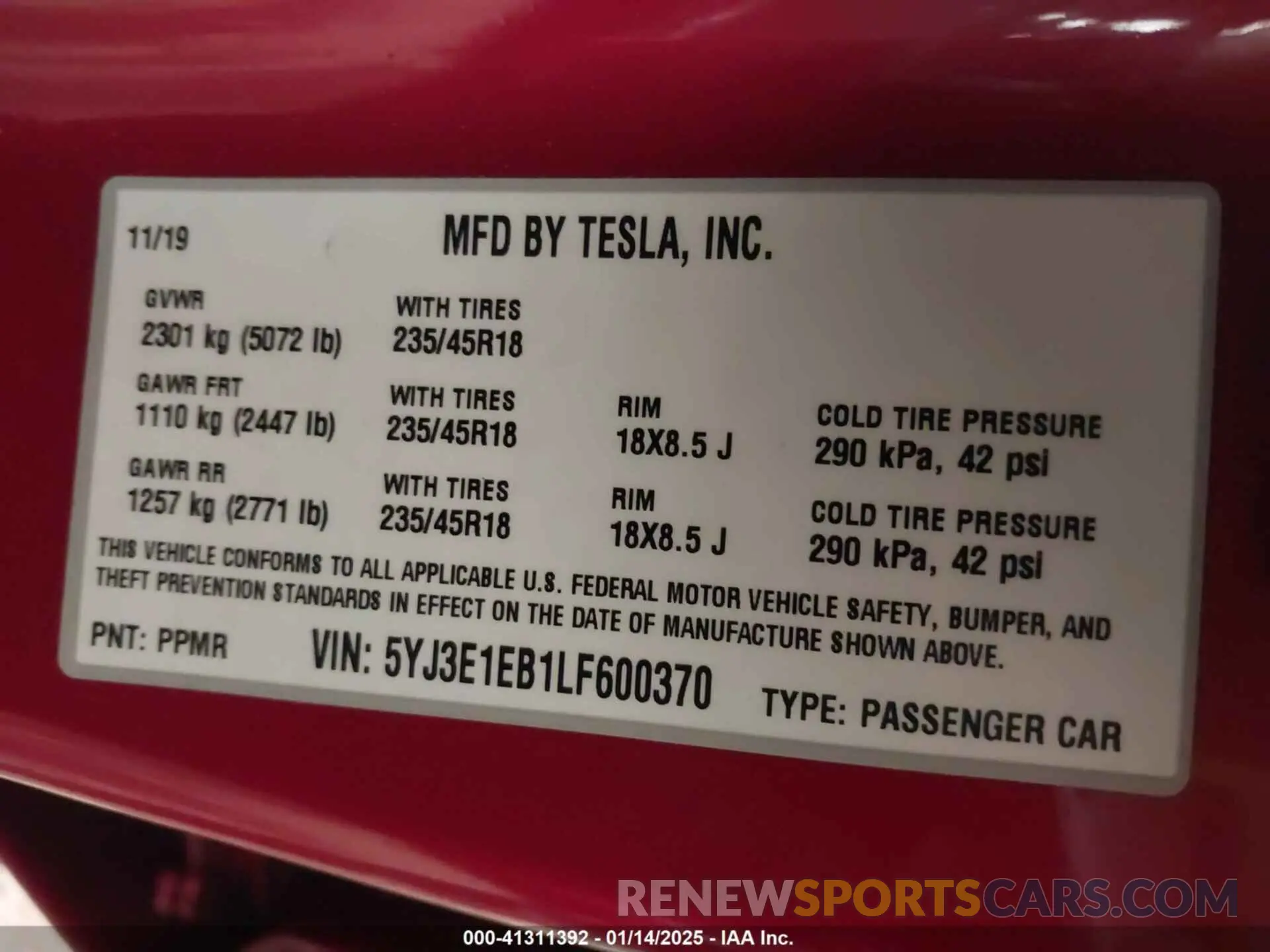 9 fotografías del automóvil dañado 5YJ3E1EB1LF600370 TESLA MODEL 3 2020