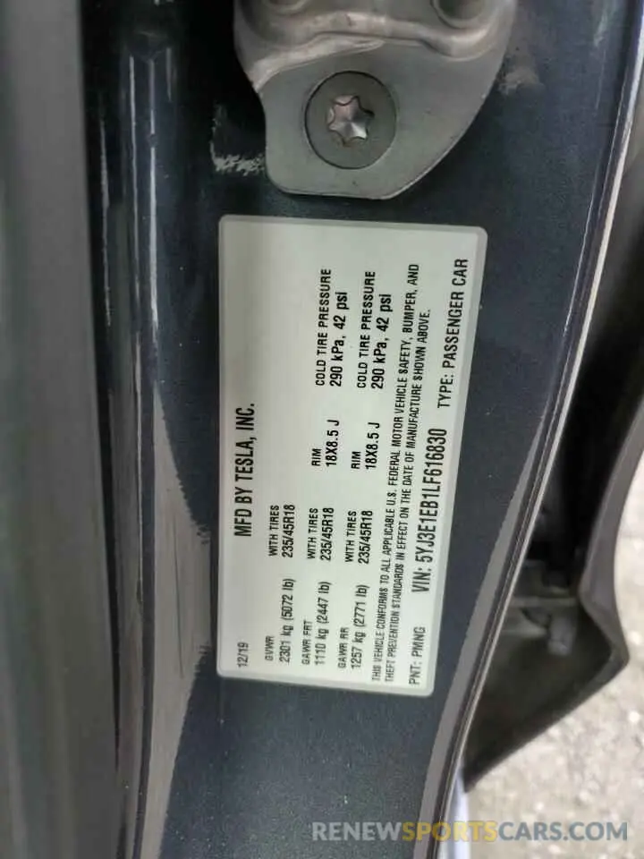 12 fotografías del automóvil dañado 5YJ3E1EB1LF616830 TESLA MODEL 3 2020