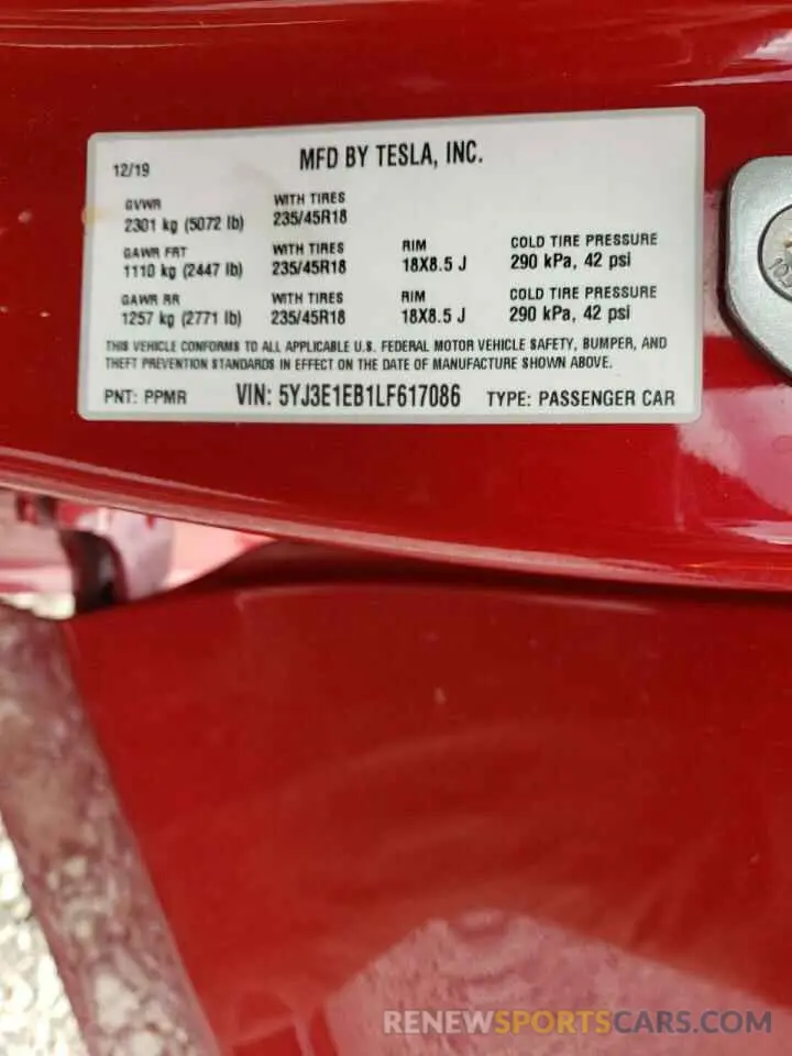 12 fotografías del automóvil dañado 5YJ3E1EB1LF617086 TESLA MODEL 3 2020