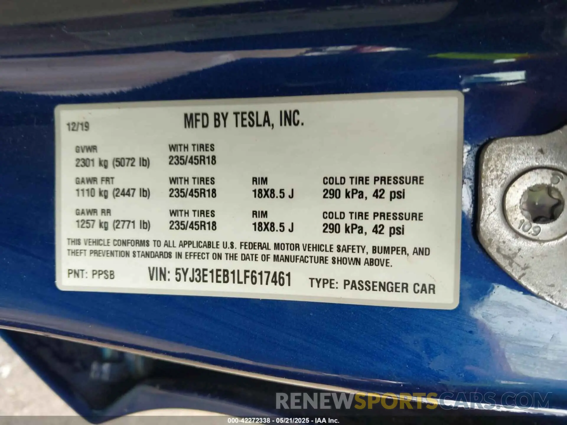 9 fotografías del automóvil dañado 5YJ3E1EB1LF617461 TESLA MODEL 3 2020