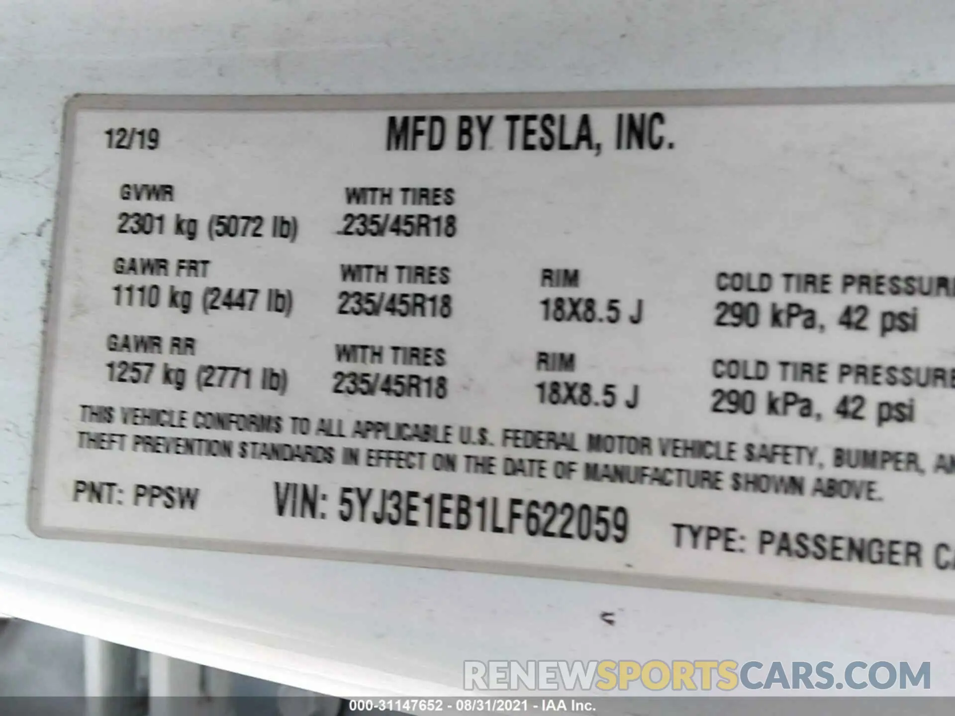 9 fotografías del automóvil dañado 5YJ3E1EB1LF622059 TESLA MODEL 3 2020
