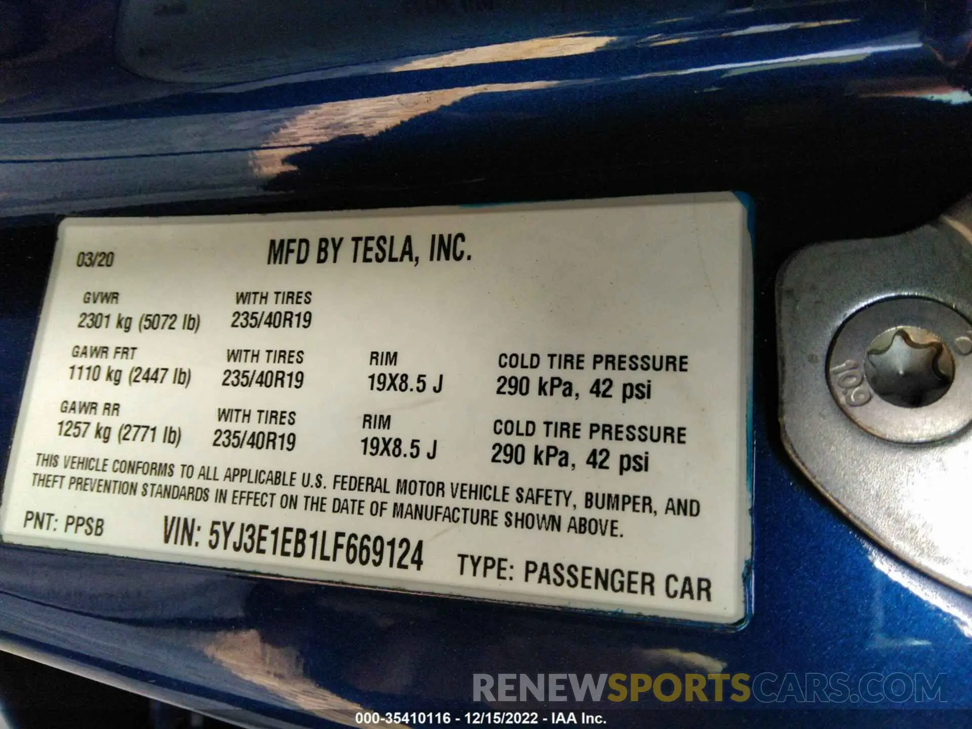 9 fotografías del automóvil dañado 5YJ3E1EB1LF669124 TESLA MODEL 3 2020