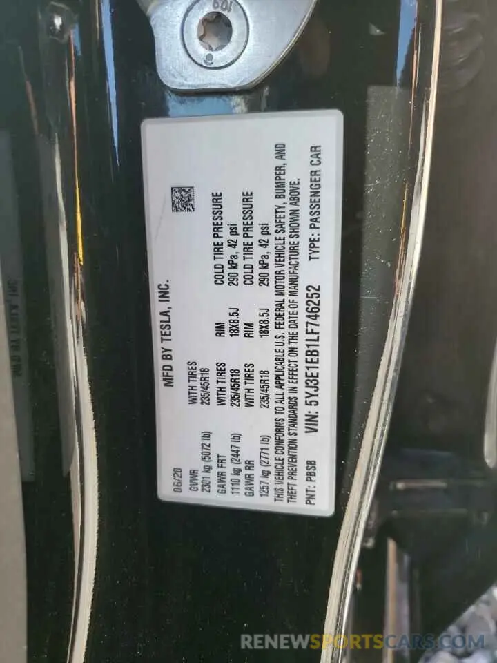 12 fotografías del automóvil dañado 5YJ3E1EB1LF746252 TESLA MODEL 3 2020