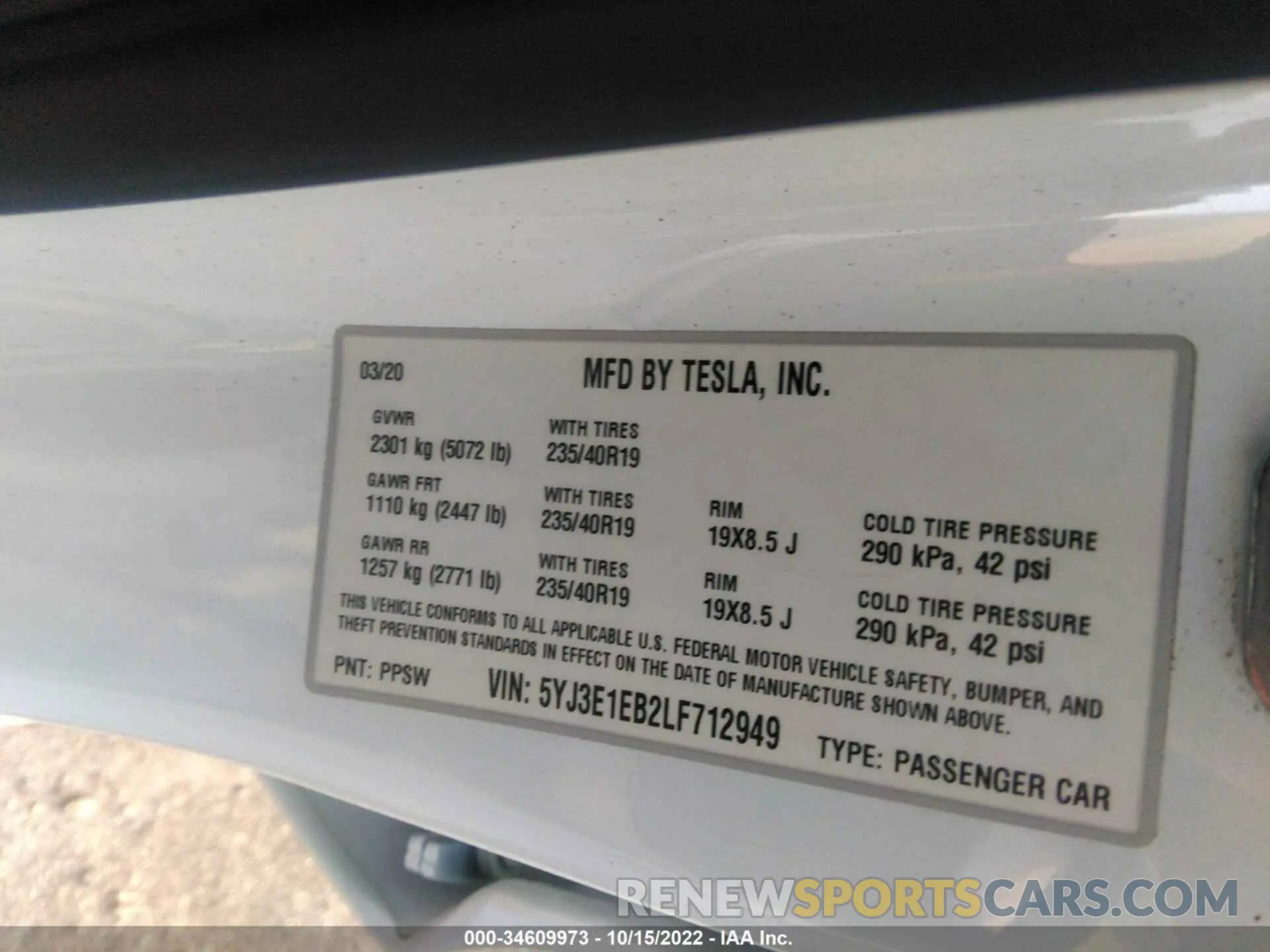 9 fotografías del automóvil dañado 5YJ3E1EB2LF712949 TESLA MODEL 3 2020