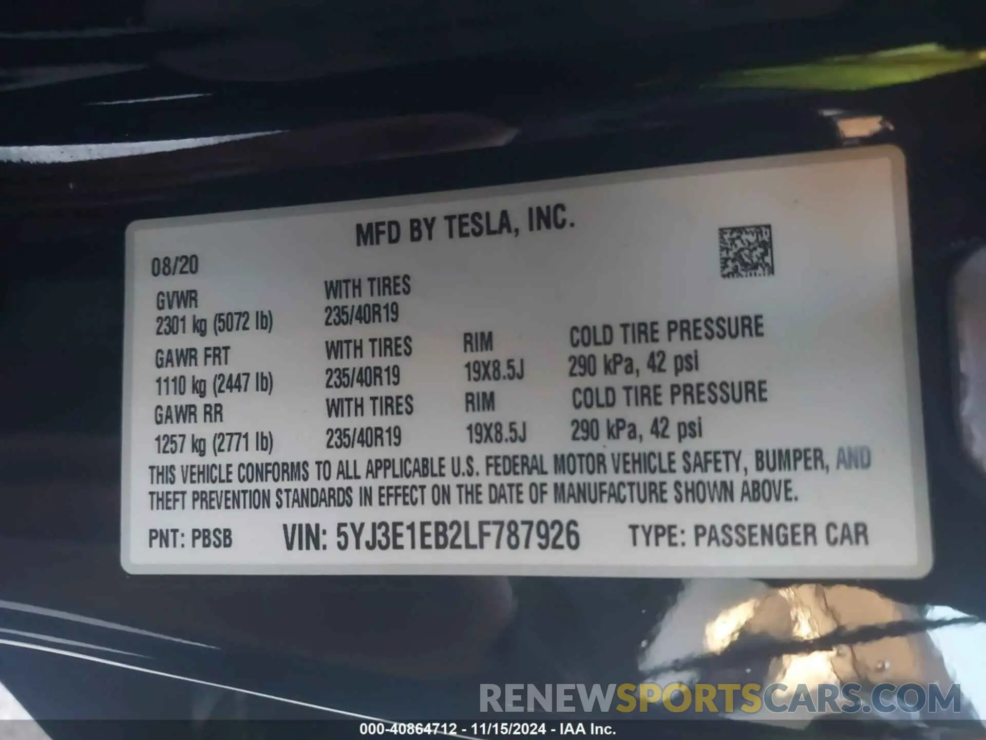 9 fotografías del automóvil dañado 5YJ3E1EB2LF787926 TESLA MODEL 3 2020
