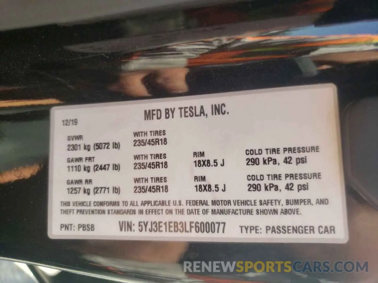 10 fotografías del automóvil dañado 5YJ3E1EB3LF600077 TESLA MODEL 3 2020