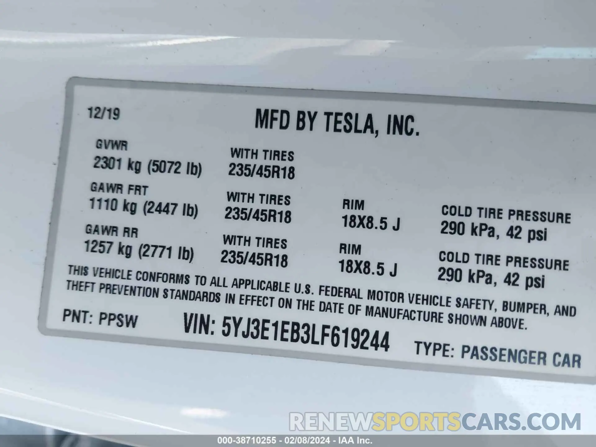 9 fotografías del automóvil dañado 5YJ3E1EB3LF619244 TESLA MODEL 3 2020