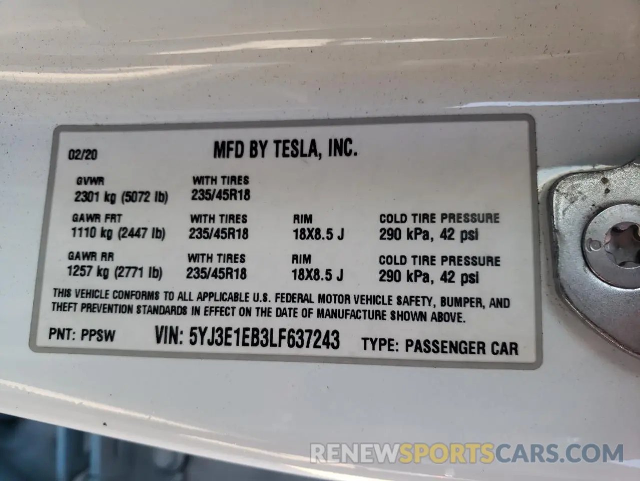 10 fotografías del automóvil dañado 5YJ3E1EB3LF637243 TESLA MODEL 3 2020