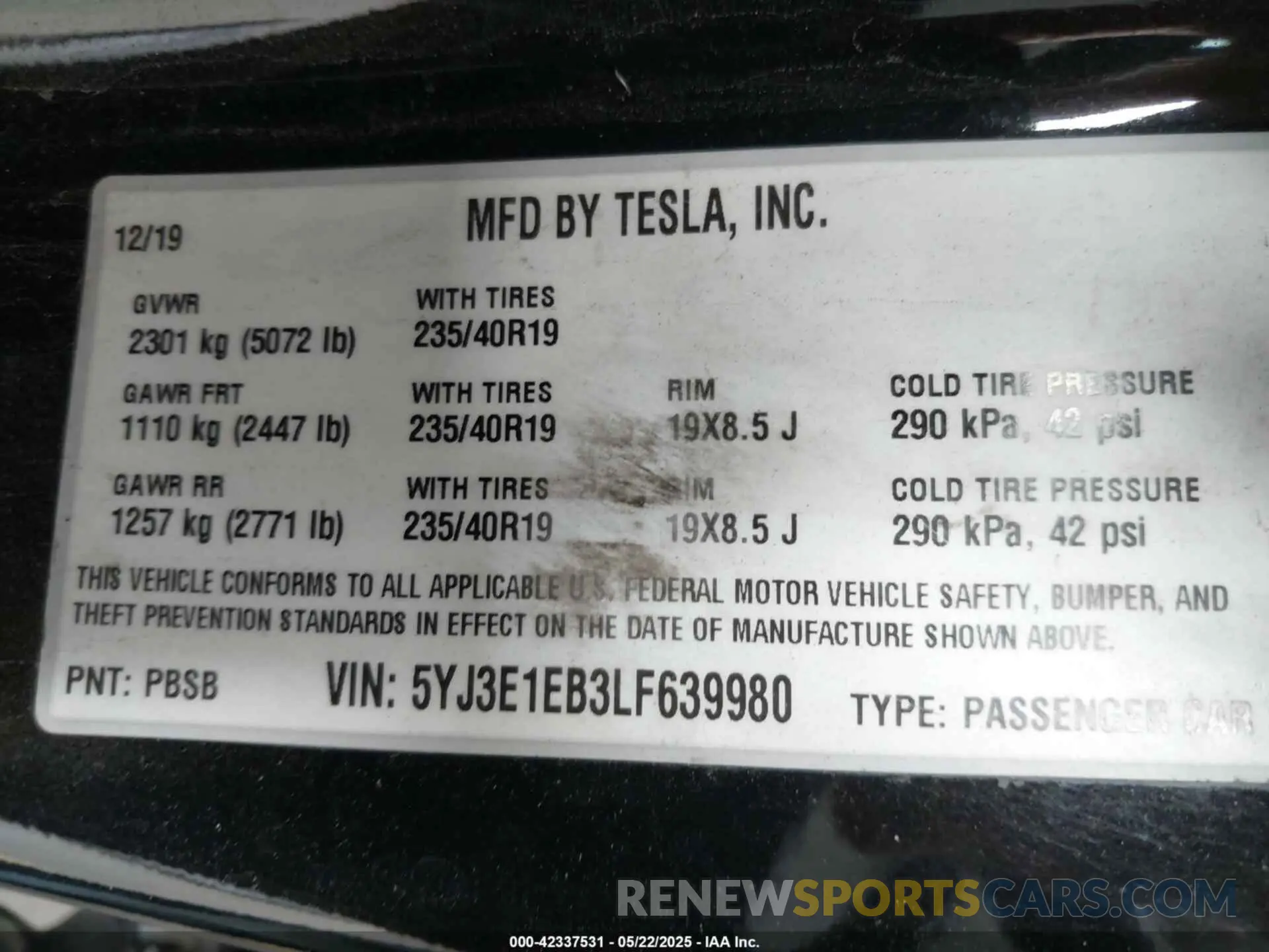 9 fotografías del automóvil dañado 5YJ3E1EB3LF639980 TESLA MODEL 3 2020