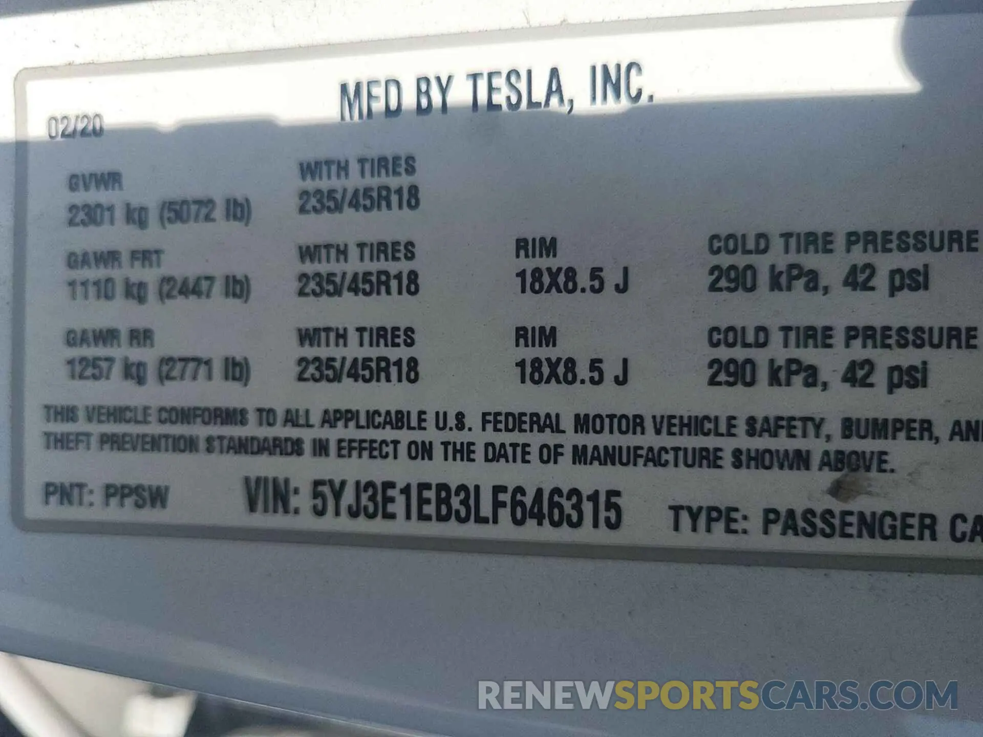 24 fotografías del automóvil dañado 5YJ3E1EB3LF646315 TESLA MODEL 3 2020