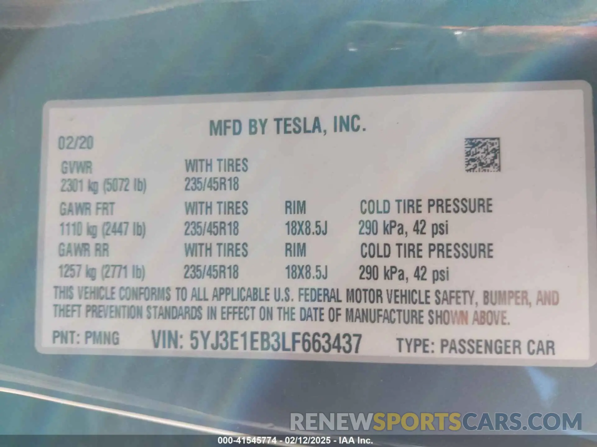 9 fotografías del automóvil dañado 5YJ3E1EB3LF663437 TESLA MODEL 3 2020