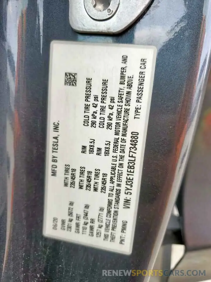12 fotografías del automóvil dañado 5YJ3E1EB3LF734880 TESLA MODEL 3 2020