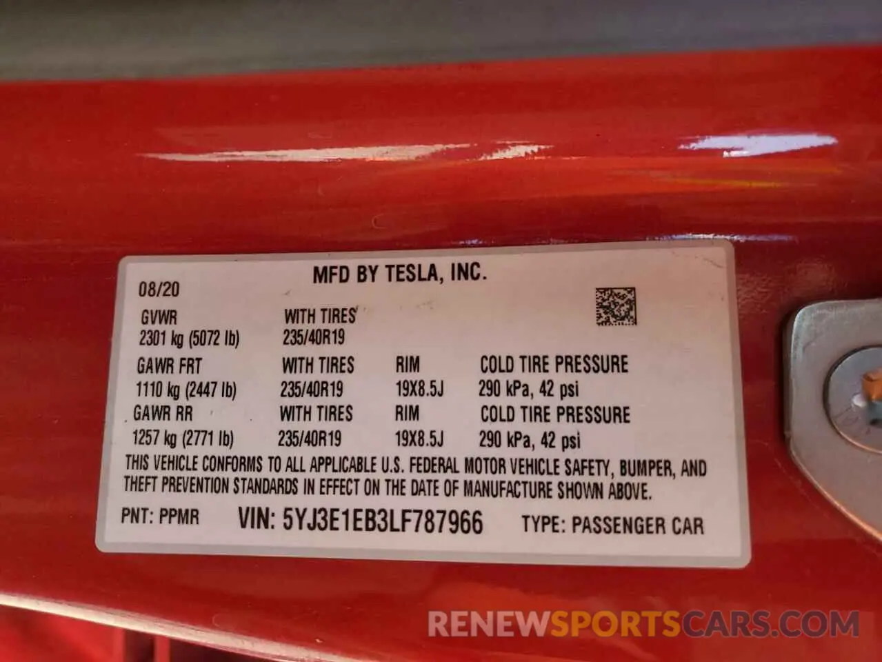 13 fotografías del automóvil dañado 5YJ3E1EB3LF787966 TESLA MODEL 3 2020