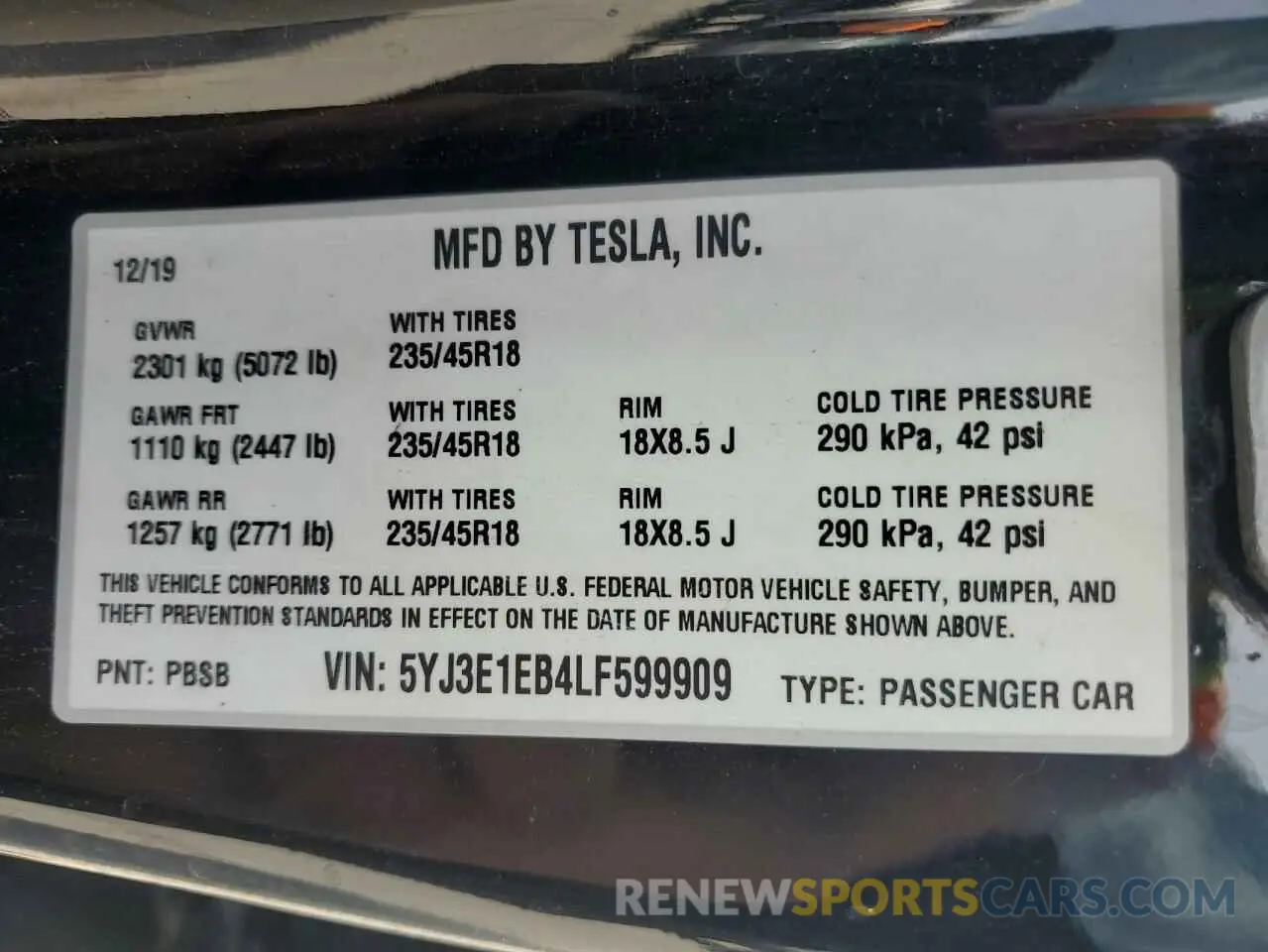 13 fotografías del automóvil dañado 5YJ3E1EB4LF599909 TESLA MODEL 3 2020