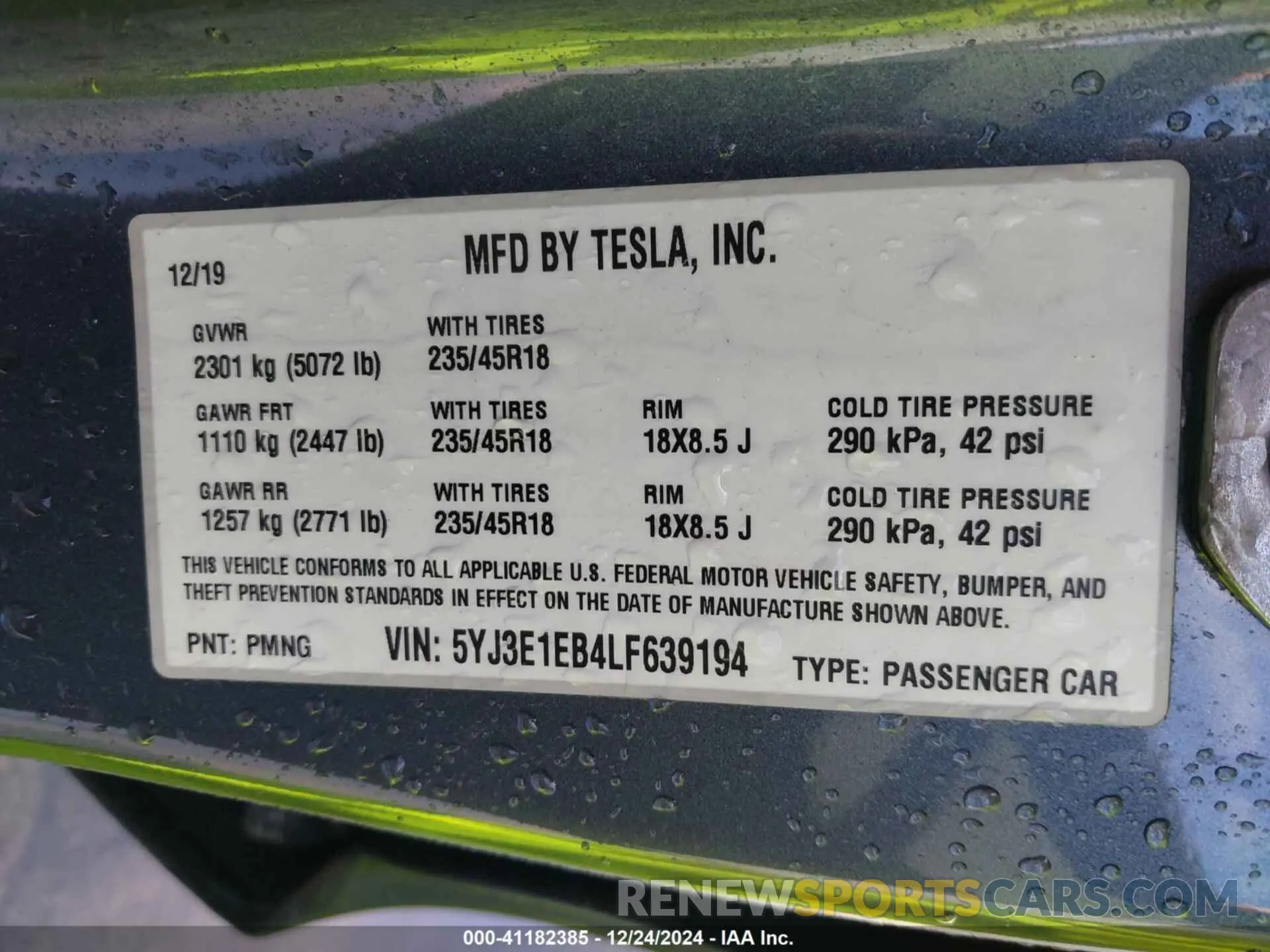 9 fotografías del automóvil dañado 5YJ3E1EB4LF639194 TESLA MODEL 3 2020