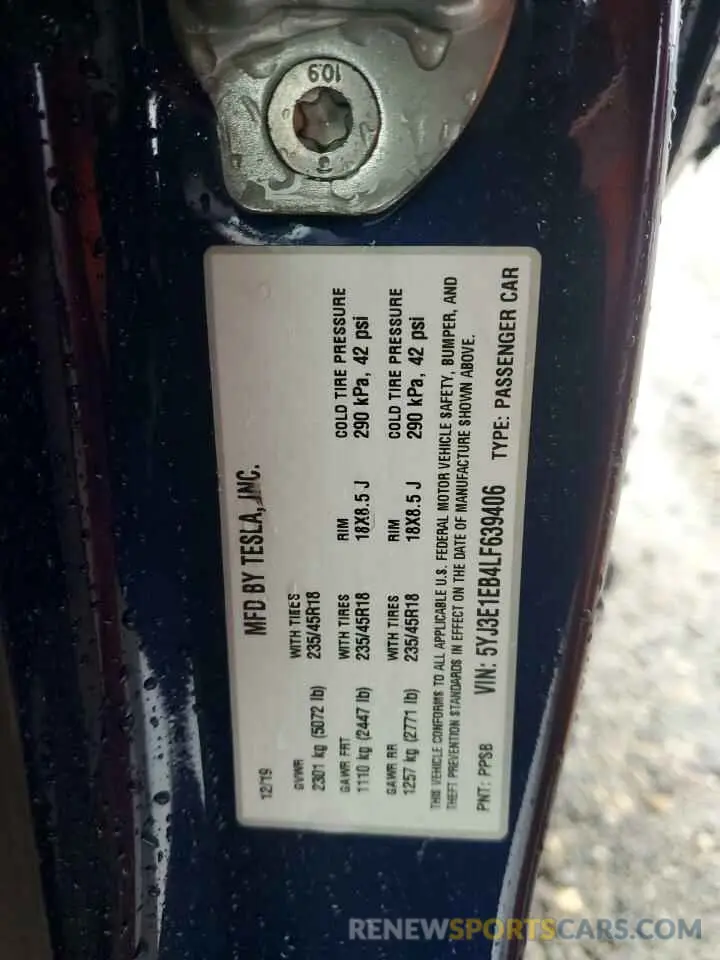 12 fotografías del automóvil dañado 5YJ3E1EB4LF639406 TESLA MODEL 3 2020
