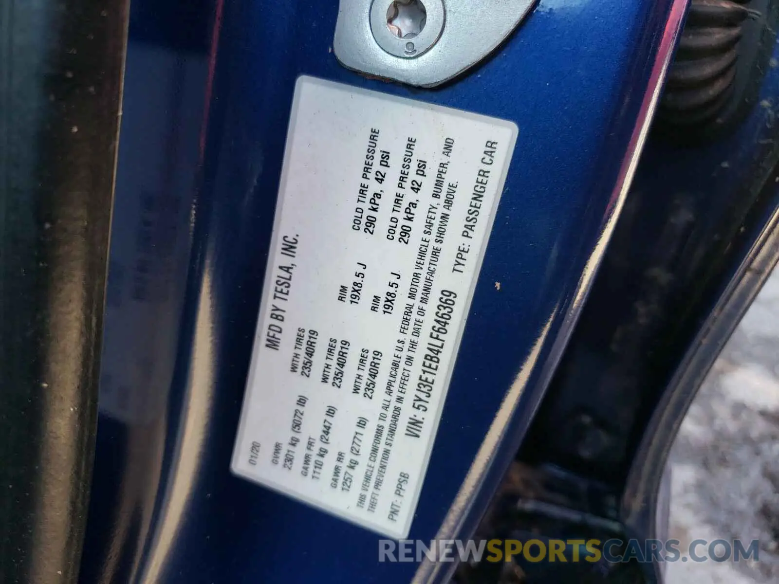 10 fotografías del automóvil dañado 5YJ3E1EB4LF646369 TESLA MODEL 3 2020