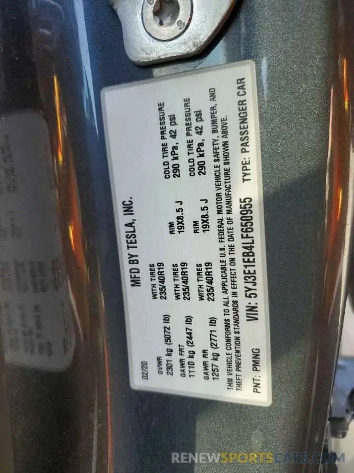 12 fotografías del automóvil dañado 5YJ3E1EB4LF650955 TESLA MODEL 3 2020