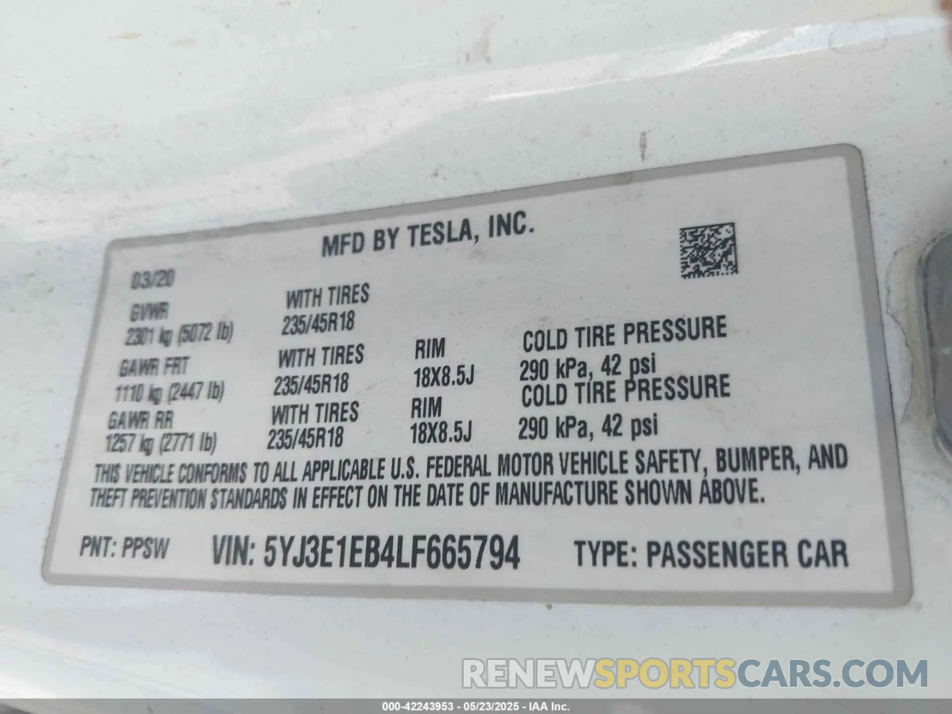 9 fotografías del automóvil dañado 5YJ3E1EB4LF665794 TESLA MODEL 3 2020