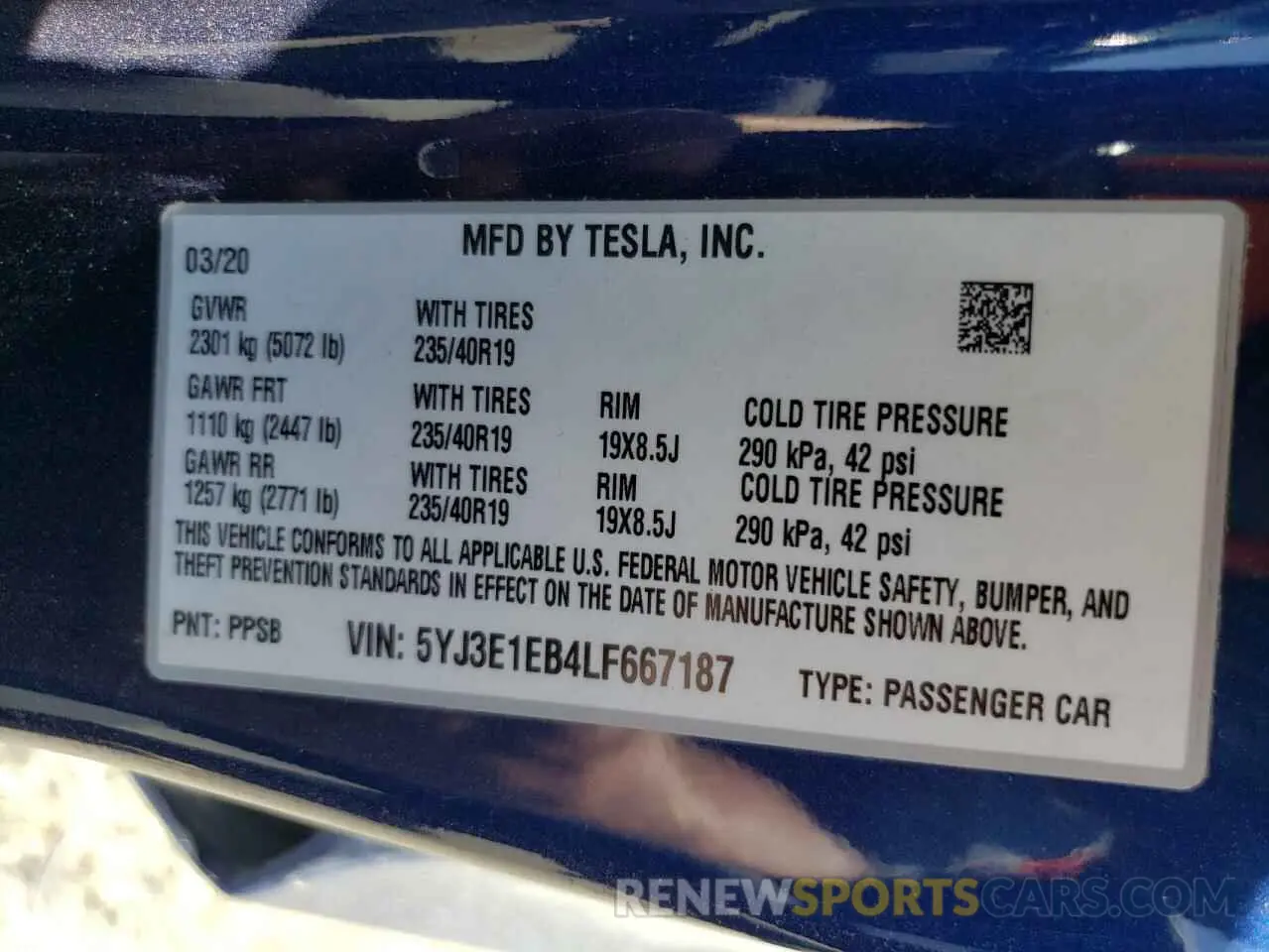 10 fotografías del automóvil dañado 5YJ3E1EB4LF667187 TESLA MODEL 3 2020